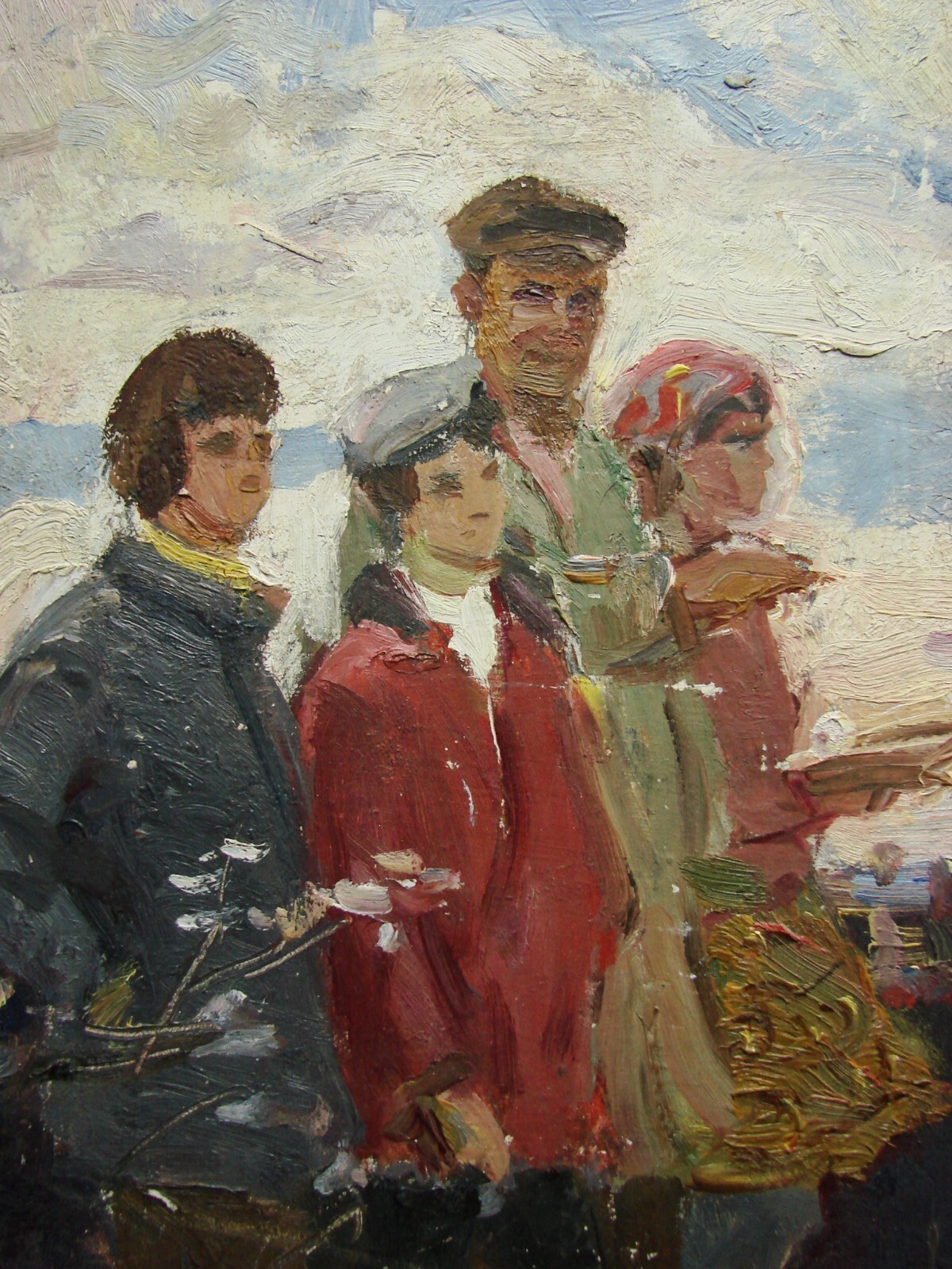 Ukrainian Soviet Oil Painting realism impressionism villagers tractor field - Photo 3 sur 4