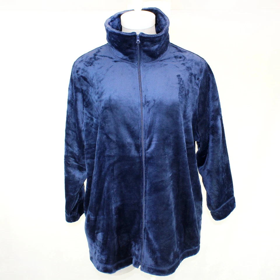 Catherines Plus Size Navy Zipped Fluffy Plush Top Jacket Cardigan 3X, 26/28 - Image 2 of 4