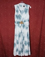 DONNA KARAN Floral White/Blueish Sleeveless V-Neck Belted Zip Dress Womens Sz 6