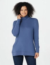 H by Halston Blue French Terry Funnel Neck L/S Tunic Top Pockets XS New