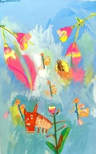 SHUN HISAMATSU 1986 MODERNIST ABSTRACT BIRD INSECT FLOWER BOTANICAL PAINTING