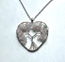 HANDMADE SILVER TONE HEART ROSE COLOR GEMSTONE TREE OF LIFE NECKLACE