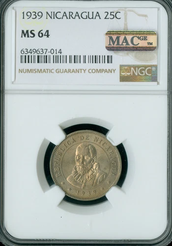 1939 NICARAGUA 25 CENTAVOS NGC MS64  RARE IN MINT STATE MAC SPOTLESS  *
