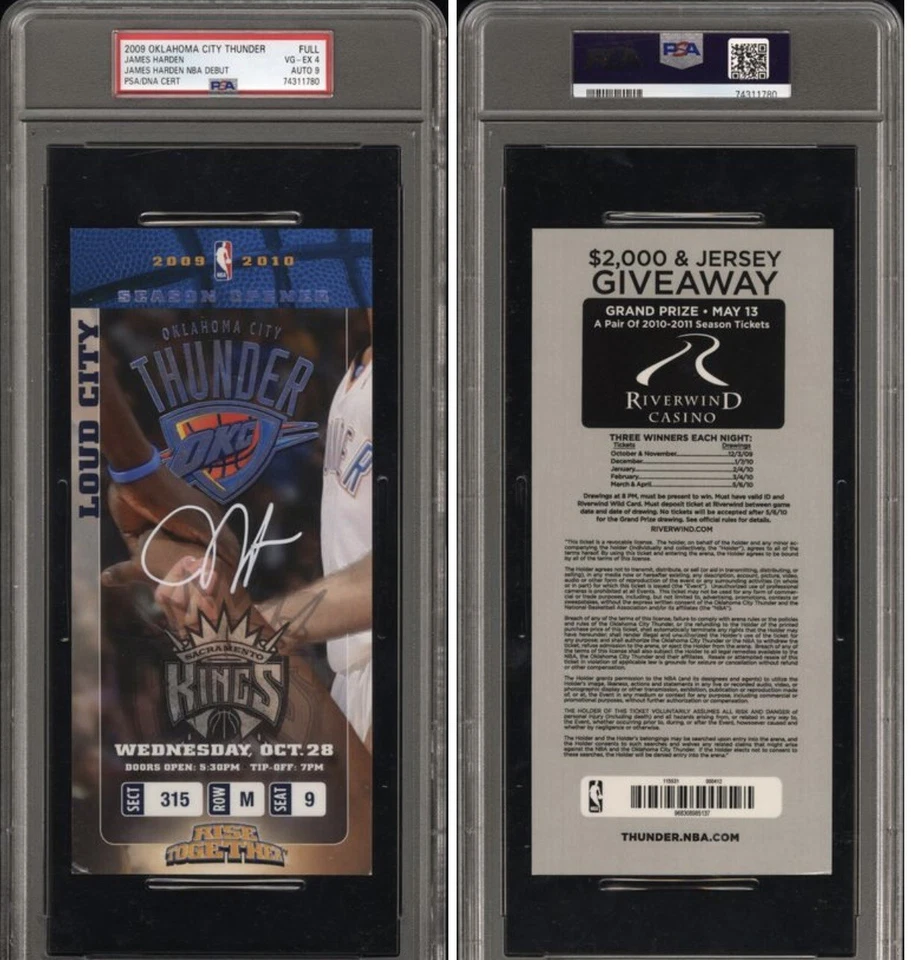 JAMES HARDEN SIGNED NBA DEBUT FULL TICKET 2009 OKC THUNDER 10/28/09 PSA 4 AUTO 9 - Image 3 of 4