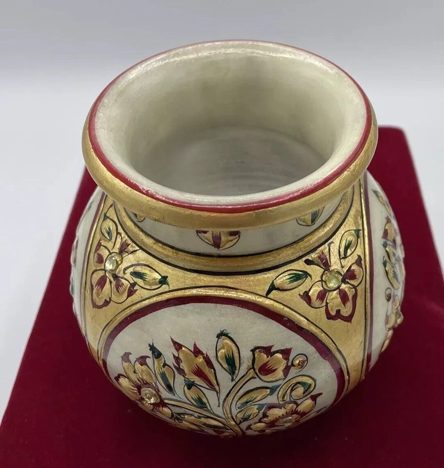 Marble Vase/Flower Pot Real Gold Accentss, Jeweled, Mughal, 4.5” Velvet Red Box - Bild 3 von 4
