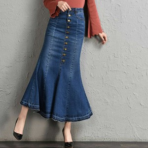 button front fishtail hem denim skirt