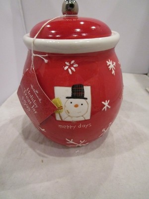Hallmark Snowman Merry Days Red Christmas Cookie Jar with Lid Brand New