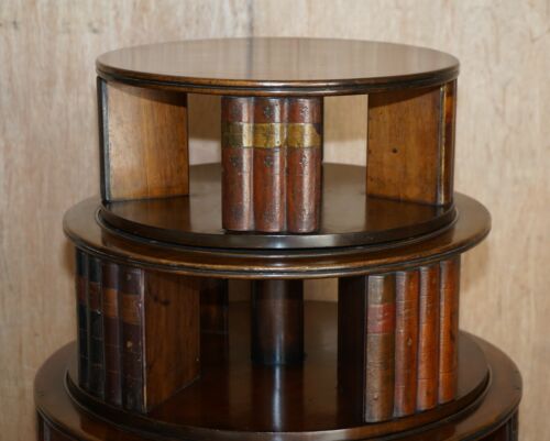 RESTORED REGENCY CIRCA 1810 REVOLVING MAHOGANY LIBRARY BOOKCASE WITH FAUX BOOKS - Picture 5 of 12
