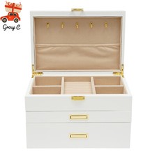 28CM Large Wooden Jewelry Storage Box White 3 Layers Organizer 2 Drawers Cabinet