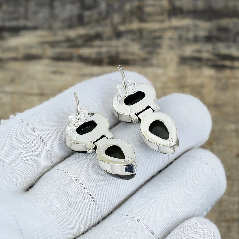 Naturale Pietra Labradorite Orecchini 925 Argento Sterling Mano Gioielli Gifts - Immagine 4 di 4