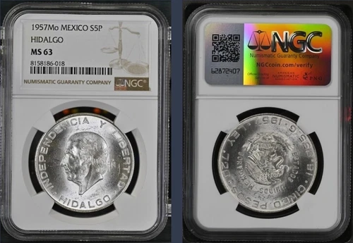 1957 Mo Mexico Silver 5 Pesos S5P Hidalgo - NGC MS63 ( As Pictured)