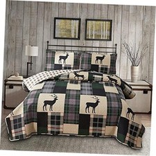 3pcs Breathable Lightweight Christmas Plaid Lodge Quilt Full/Queen Plaid Green