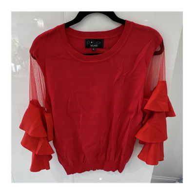 P. LUCA MILANO Red Sheer Ruffle Sleeve Blouse Pullover Women's Size L