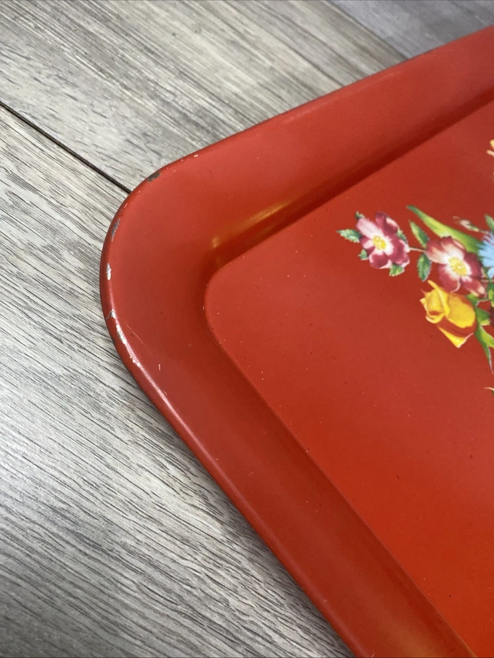 Vintage Metal Tray Red Floral Flowers 14x9 Breakfast Lap Serving Work Tray - Image 4 of 4