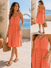 Good Luck Gem Coral Button Front Midi Sundress Large 100% Rayon Smocked Back