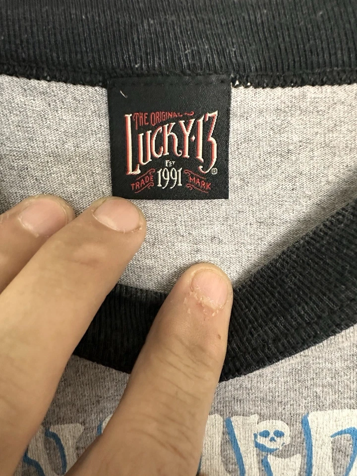 Camiseta De Colección LUCKY 13 Para Hombre Rock Motocicleta Calavera Tatuaje Manga 3/4 Talla M Foto 4 de 4