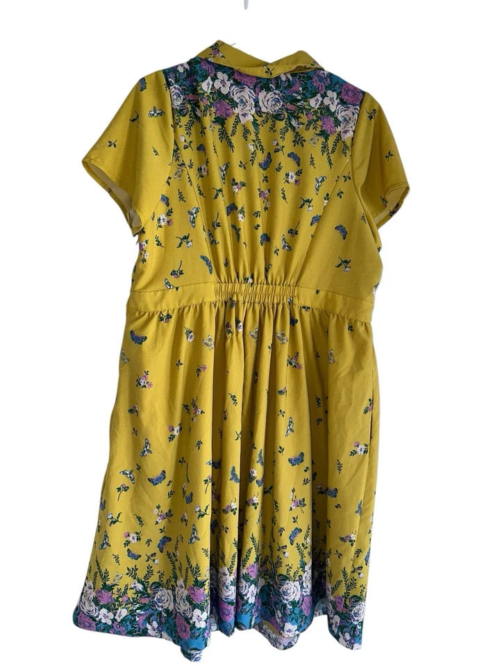 ModCloth Yellow Blue Roses Floral Lively Identity Mod Housewife A-Line Dress 1X - Image 3 of 4