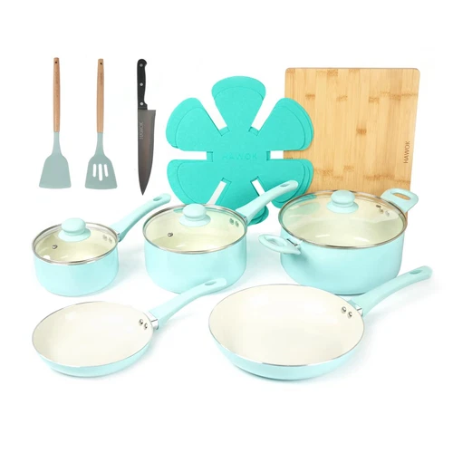 Kitchen Ceramic Non-stick coating Induction Cookware Sets - 15 Piece pressed ...