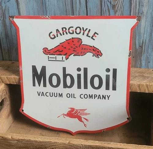 Vintage Gargoyle Mobiloil Porcelain Metal Shield Sign Mobil Oil Gas Pegasus