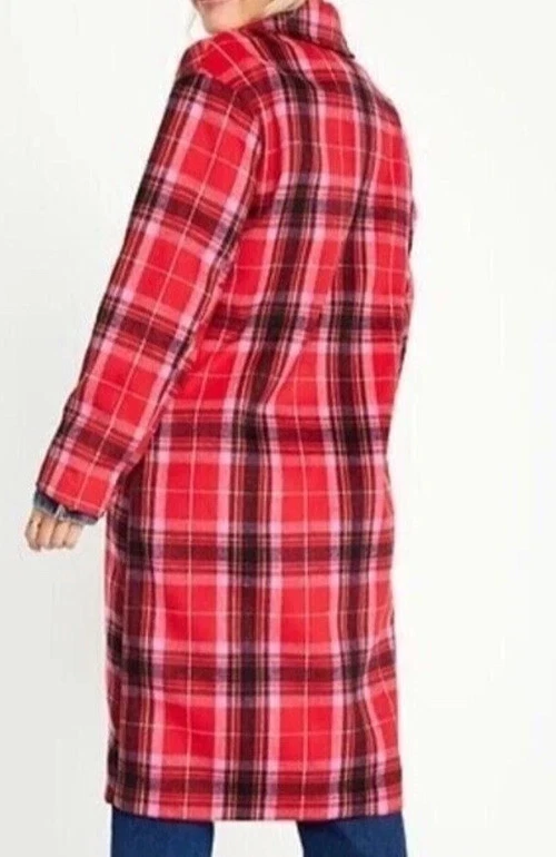Old Navy Women’s Long Coat Red Tartan Plaid Oversized Soft Brushed Duster~3X - Image 2 of 4