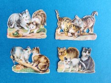 4 Oblaten Glanzbilder Scraps Die Cuts Chromos KATZEN SPIELEN FROSCH um 1900