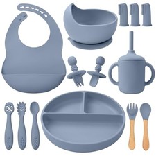 Silicone Baby Feeding Set 14 Pcs,Baby Led Weaning Supplies, Baby Blue Gray