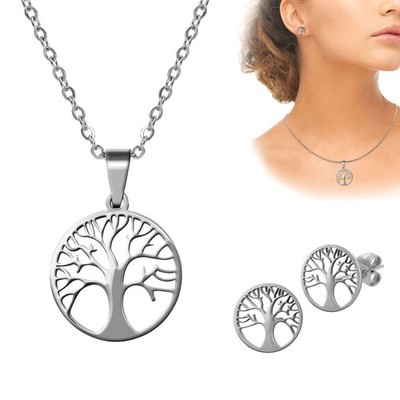 Damen Schmuckset aus Edelstahl Lebensbaum Weltenbaum Kette Anhänger & Ohrringe 