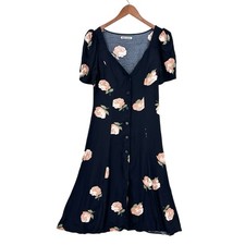REFORMATION Britt Dress Black Floral Print Short Sleeve Button Womens 6 W672