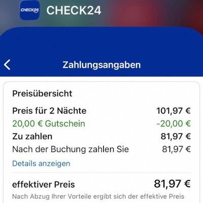   CHECK24 20  Hotel Ferienwohnung App Gutschein (100  MBW)  24/7 SOFORTVERSAND  