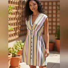 Ann Taylor LOFT Womens Size 2 Cap Sleeve Colorful Striped V Neck Viscose Dress