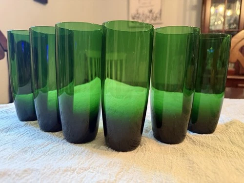 Vintage Anchor Hocking Forest Green Tumblers 5.75” Tall Set Of 6 MCM