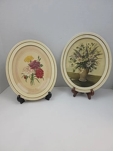 Antique/Vintage Floral Oval Prints Creamy Chippy Frames ~ Art Deco 