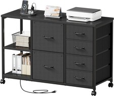6-Drawer File Cabinet W/ Charging Station Rolling Printer Stand W/ Open Storage