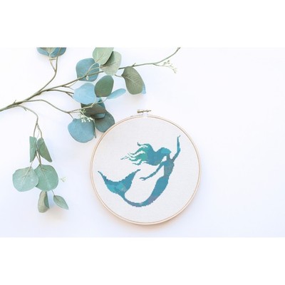 Blue Mermaid Beach Art Counted Cross Stitch Pattern Chart