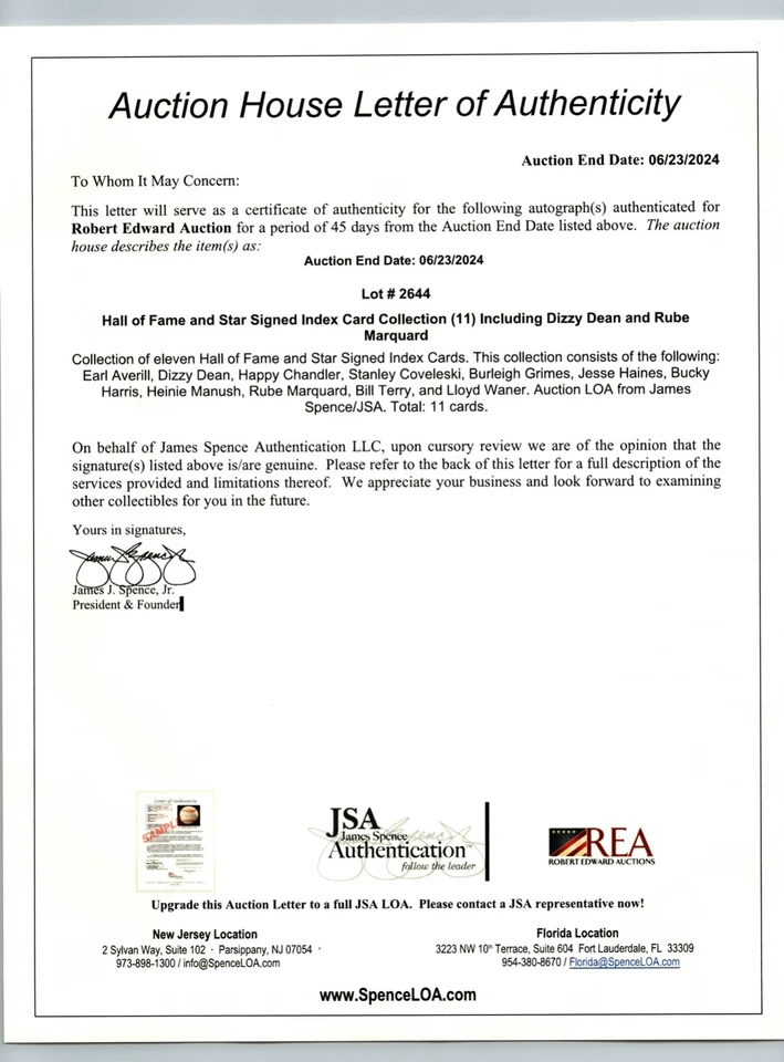 Dizzy Dean HOF Signed 3x5 Index Card Autograph Auto Signature JSA LOA - Image 3 of 4