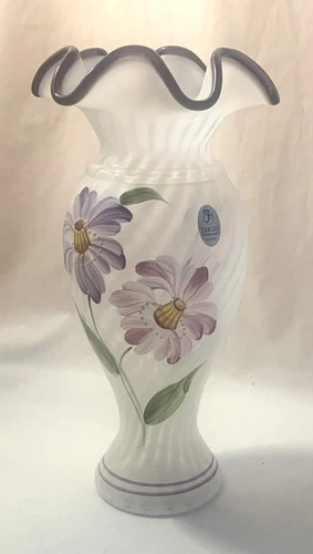 Fenton Heirloom Optics Opalescent Swirl Purple Rim Signed George Fenton Vase