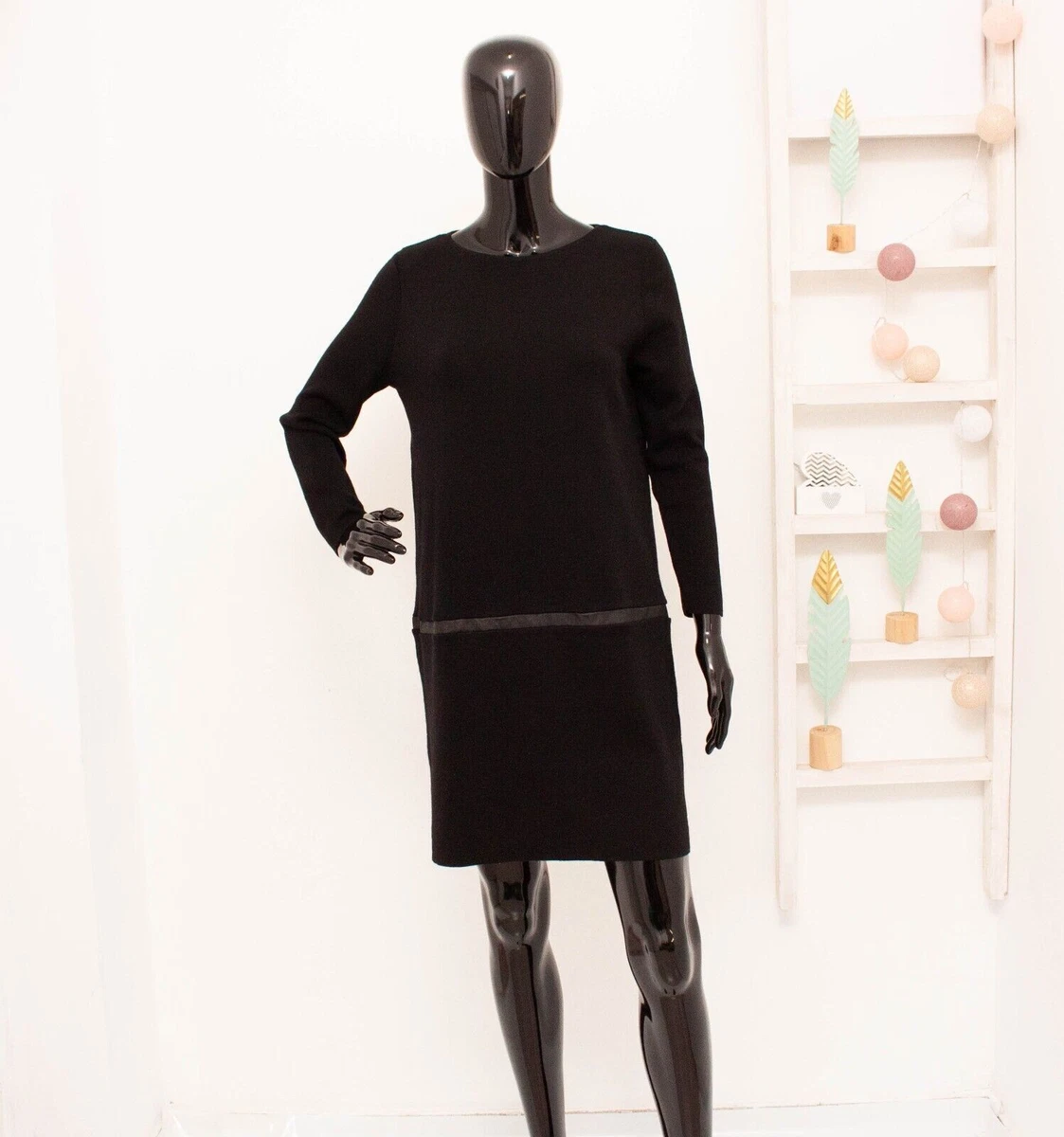 COS Jumper Dress 100 Wool Black Relax Fit Leather Waist Trim M