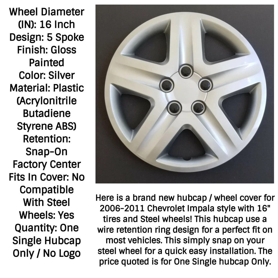 One New Wheel Cover Hubcap Fits 2006-2011 Chevrolet Impala 16" Silver # 431-16S Foto 4 de 4