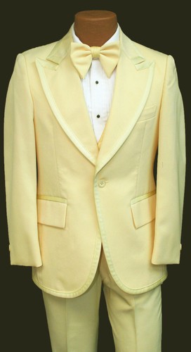 Men's Vintage Yellow Tuxedo Jacket with Vest and Bow Tie 1970s Wedding Prom 42XL - 第 1/6 張圖片