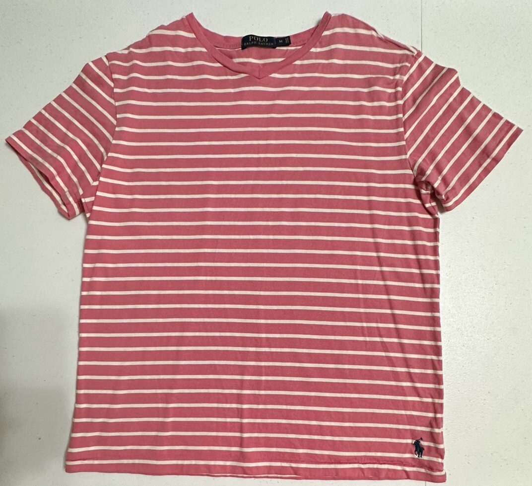 Polo Ralph Lauren T Shirt Scollo a V Manica Corta Rosa Bianca Righe Pony Logo M