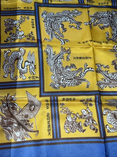 DRAGON SCARF Made In Italy 25” Square ASIAN brown Yellow Blue writing Patchwork - Picture 4 of 16
