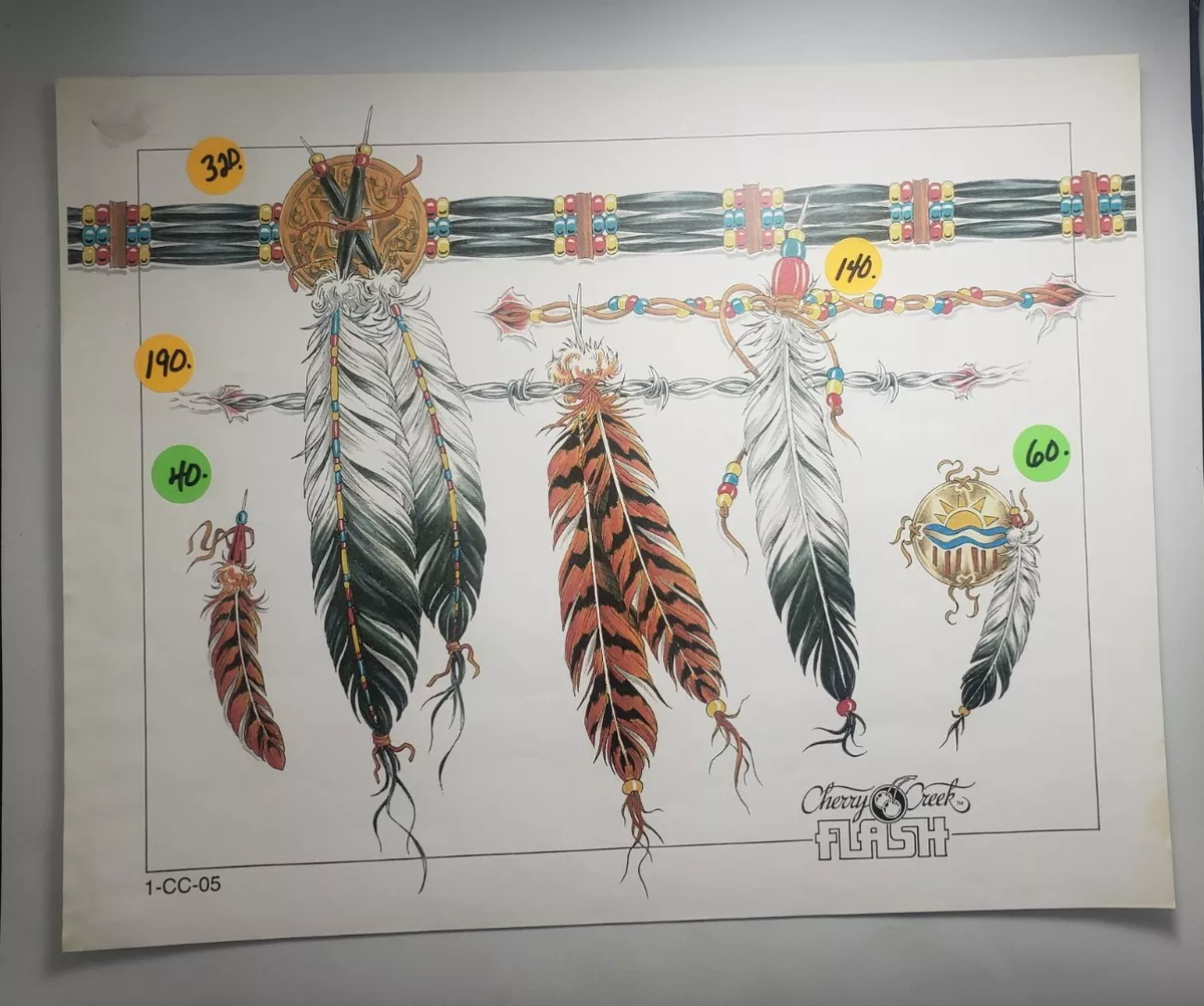 Vintage Native American Feather Cherry Creek Tattoo Flash Sheet