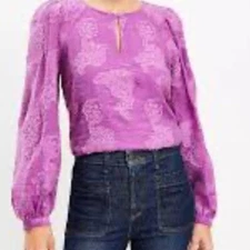 Loft Floral Blouse Top purple Jacquard keyhole M petites
