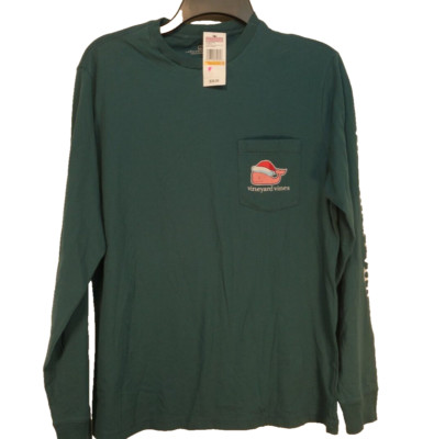 Vineyard Vines Mens Green Christmas Cotton Long Sleeve Pocket Tee Shirt Large