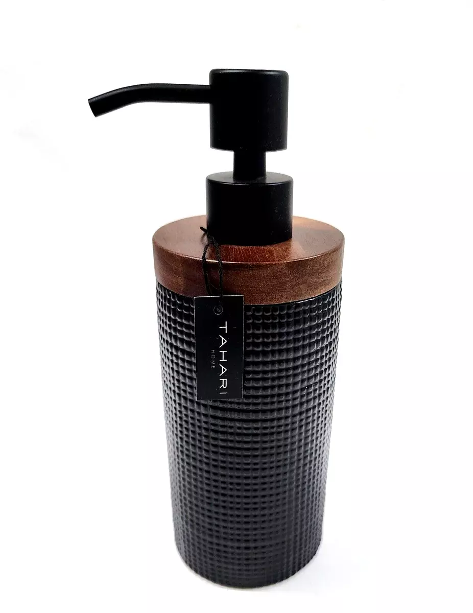 NEW TAHARI 3D TEXTURE BLACK CERAMIC,THE TOP HAS WOOD ACCENT SOAP DISPENSER  PUMP