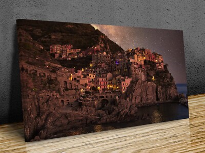 Cinque Terre Nachtsicht Panorama aufgesetzte Leinwand fertig zum Aufhängen