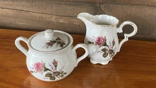 White Porcelain Creamer & Sugar Bowl w/Lid Moss Rose Design Gold Trim Vintage