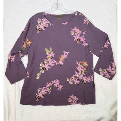 Harari 100% Silk Blouse Purple Tropical Orchid Floral Print 3/4 Sleeve M