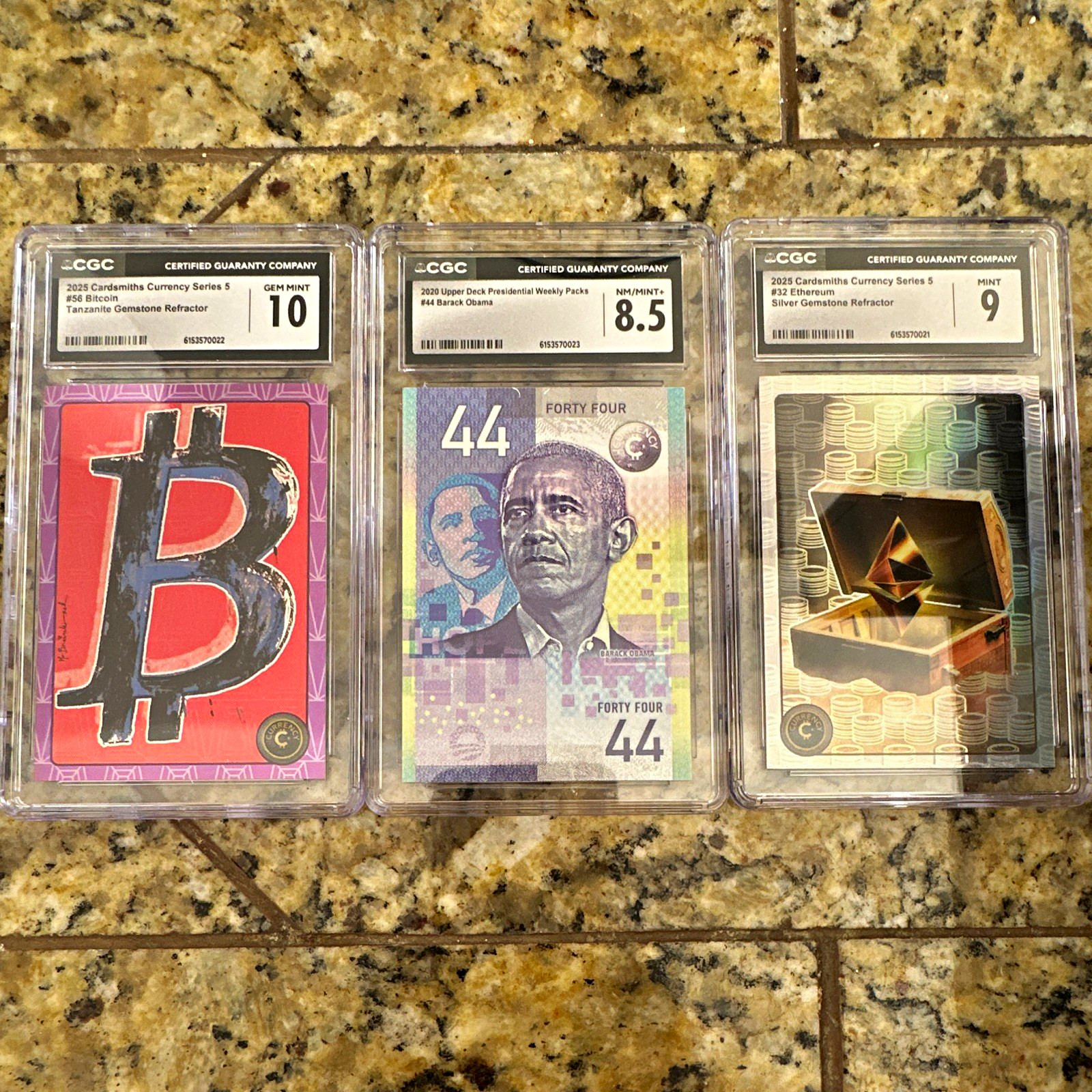 Cardsmiths CGC 3-Card Lot Bitcoin #56 Ethereum #32 Obama #44 Gemstone Refr