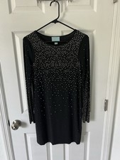 CeCe Black Gold Rhinestone Embellished Long Sleeve Shift Dress Cocktail Dress S